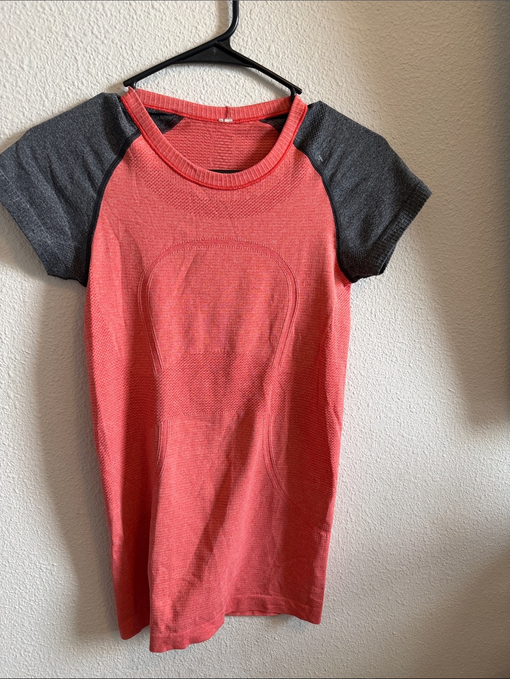 lululemon athletica Coral Pink Tee with Charcoal Raglan Sleeves